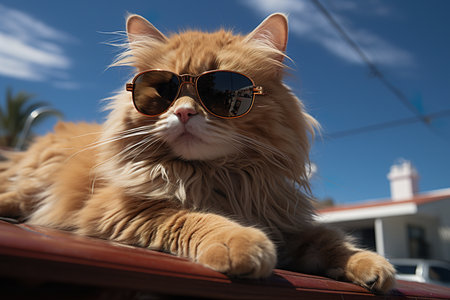ginger cat in sunglasses on a background of the blue sky.の素材