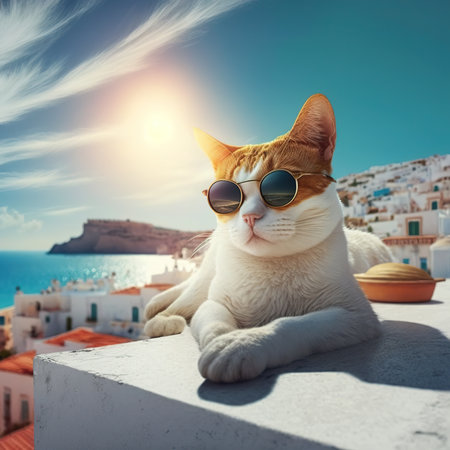 a cat with fashion sunglasses is lying On the roof, wide angle view, full-body ,AI illustration, digital, virtual, generativeの素材