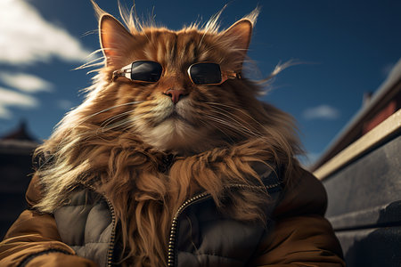Portrait of a beautiful long-haired ginger cat in sunglasses.の素材