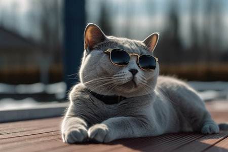 Cute british shorthair cat wearing sunglasses lying on wooden terraceの素材