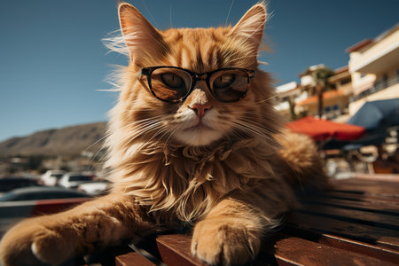 Cute ginger cat in glasses sitting on a bench at the beach. Sunny day.の素材