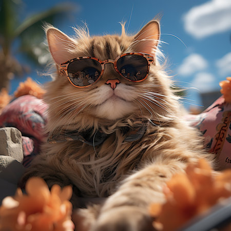 Cute cat in sunglasses on the beach. Fluffy pet.の素材