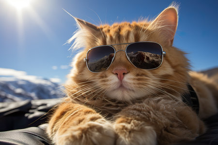 Portrait of a cat wearing sunglasses on the background of mountains.の素材