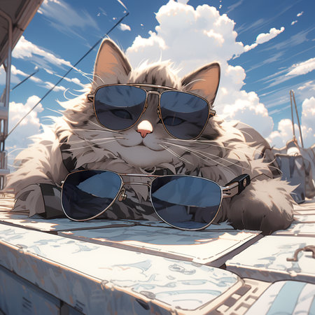 a cat with fashion sunglasses is lying On the roof, wide angle view, full-body ,AI illustration, digital, virtual, generativeの素材
