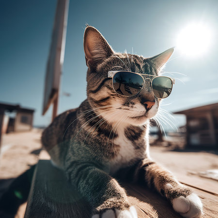 a cat with fashion sunglasses is lying On the roof, wide angle view, full-body ,AI illustration, digital, virtual, generativeの素材