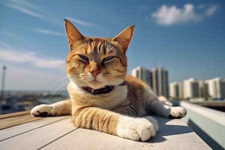 Portrait of a red cat lying on the roof of a buildingの素材