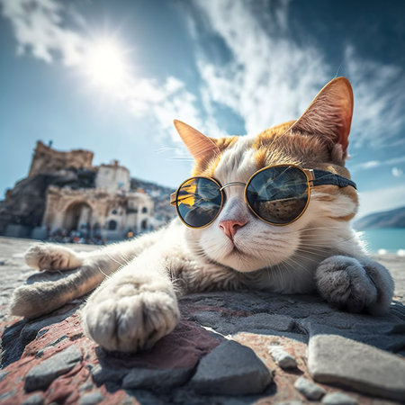 Portrait of a cat with sunglasses lying on the stone in front of an old castleの素材