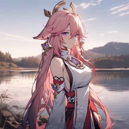 A girl with a white top and pink hair stands in front of a lake anime  ,AI illustration, digital, virtual, generativeの素材