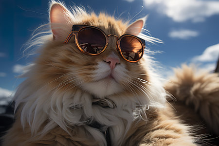a cat with fashion sunglasses is lying On the roof, wide angle view, full-body ,AI illustration, digital, virtual, generativeの素材