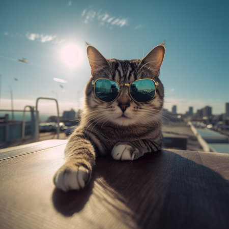 a cat with fashion sunglasses is lying On the roof, wide angle view, full-body ,AI illustration, digital, virtual, generativeの素材