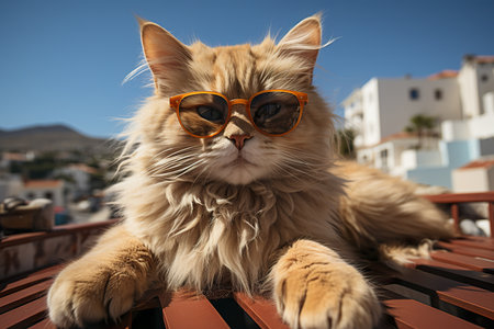 a cat with fashion sunglasses is lying On the roof, wide angle view, full-body ,AI illustration, digital, virtual, generativeの素材