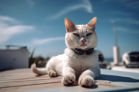 a cat  is lying On the roof, wide angle view, full-body ,AI illustration, digital, virtual, generativeの素材