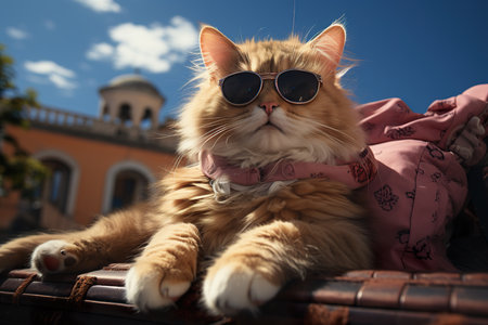 a cat with fashion sunglasses is lying On the roof, wide angle view, full-body ,AI illustration, digital, virtual, generativeの素材
