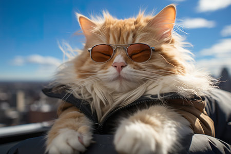 a cat with fashion sunglasses is lying On the roof, wide angle view, full-body ,AI illustration, digital, virtual, generativeの素材