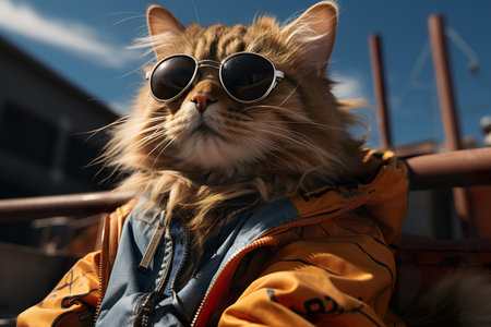 Portrait of a long-haired cat in sunglasses and a jacketの素材