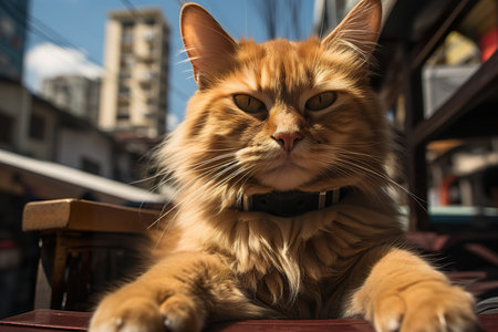 ginger cat lying on the table in the city, close upの素材