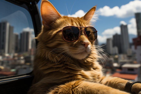 Cute ginger cat with sunglasses sitting in car and looking at cityの素材