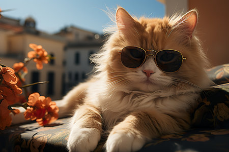 Portrait of a persian cat wearing sunglasses lying on a sofa in the sun.の素材