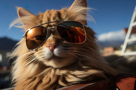 a cat with fashion sunglasses is lying On the roof, wide angle view, full-body ,AI illustration, digital, virtual, generativeの素材