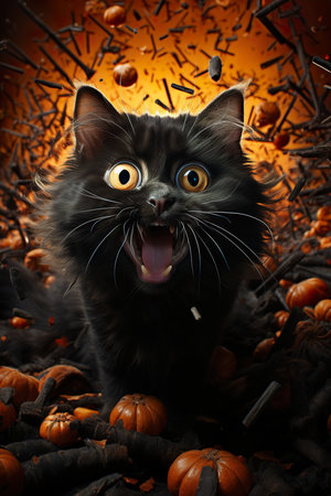 Halloween poster, featuring a funny witch and her mischievous black cat, casting spells and creating Halloween mischief ,AI illustration, digital, virtual, generativeの素材