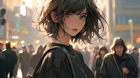 beautiful cute anime young woman, black bob cut hair, black cropped t-shirt, anime illustration clean art style AI, illustration, digital, virtual, generativeの素材