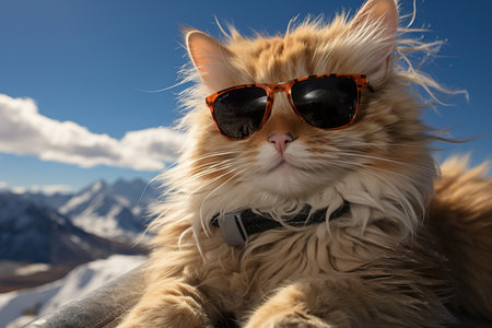 a cat with fashion sunglasses is lying On the roof, wide angle view, full-body ,AI illustration, digital, virtual, generativeの素材