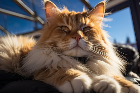 a cat  is lying On the roof, wide angle view, full-body ,AI illustration, digital, virtual, generativeの素材