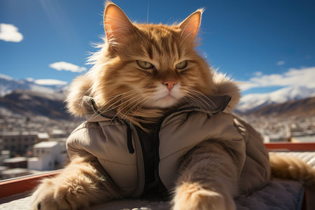 a cat  is lying On the roof, wide angle view, full-body ,AI illustration, digital, virtual, generativeの素材