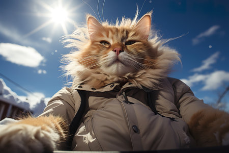 a cat  is lying On the roof, wide angle view, full-body ,AI illustration, digital, virtual, generativeの素材