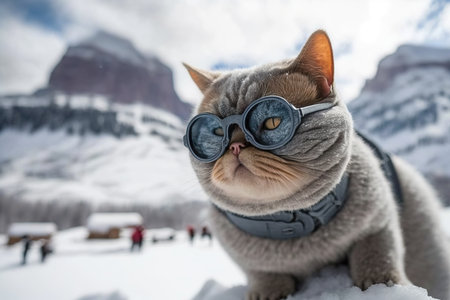 a cat with fashion sunglasses is lying On the roof, wide angle view, full-body ,AI illustration, digital, virtual, generativeの素材