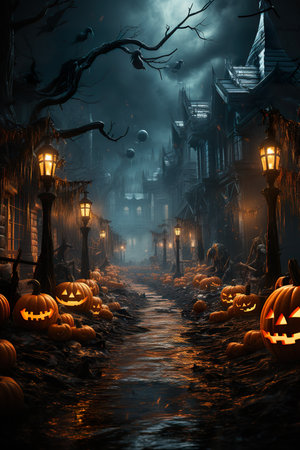 Halloween poster  with pumpkins and lit lanterns, in the style of dark and gritty cityscapes, 19th century, fantastical street ,AI illustration, digital, virtual, generativeの素材
