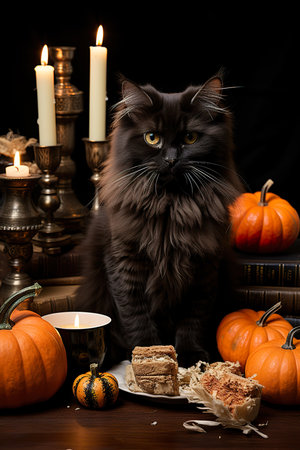 Halloween poster, featuring a funny witch and her mischievous black cat, casting spells and creating Halloween mischief ,AI illustration, digital, virtual, generativeの素材