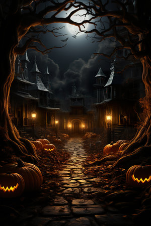 Halloween poster  with pumpkins and lit lanterns, in the style of dark and gritty cityscapes, 19th century, fantastical street ,AI illustration, digital, virtual, generativeの素材
