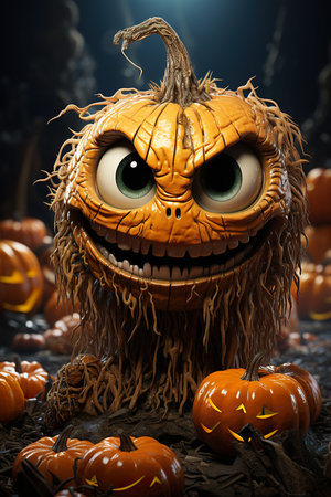 Halloween poster,  halloween pumpkin sitting in the middle of spooky pumpkins, in the style of photorealistic cityscapes, detailed character design, fantastical street, spectacular backdrops, caricature faces , playful caricature, AI illustration, digital, virtual, generativeの素材