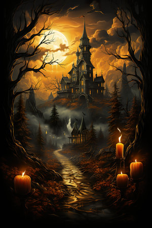 Halloween poster  with pumpkins and lit lanterns, in the style of dark and gritty cityscapes, 19th century, fantastical street ,AI illustration, digital, virtual, generativeの素材