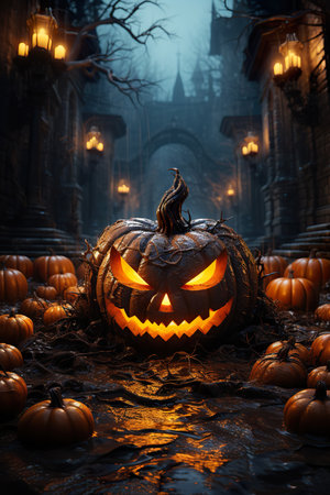 scary halloween pumpkin background poster , in the style of  medieval fantasy, epic fantasy scenes, halloween pumpkin filled street at night, in the style of photorealistic compositions, richly detailed backgrounds,  AI illustration, digital, virtual, generativeの素材