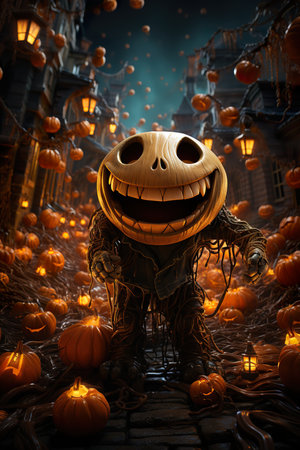 Halloween poster,  halloween pumpkin sitting in the middle of spooky pumpkins, in the style of photorealistic cityscapes, detailed character design, fantastical street, spectacular backdrops, caricature faces , playful caricature, AI illustration, digital, virtual, generativeの素材