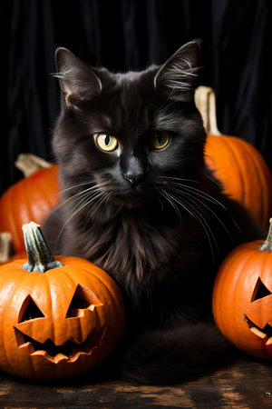 Halloween poster, featuring a funny witch and her mischievous black cat, casting spells and creating Halloween mischief ,AI illustration, digital, virtual, generativeの素材