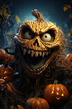 Halloween poster,  halloween pumpkin sitting in the middle of spooky pumpkins, in the style of photorealistic cityscapes, detailed character design, fantastical street, spectacular backdrops, caricature faces , playful caricature, AI illustration, digital, virtual, generativeの素材