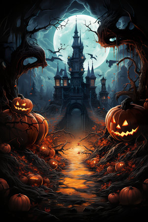 Halloween poster  with pumpkins and lit lanterns, in the style of dark and gritty cityscapes, 19th century, fantastical street ,AI illustration, digital, virtual, generativeの素材