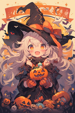 the halloween in an anime girl wearing a witch headpiece and pumpkins, in the style of charming illustrations, cute witch with pumpkins, in the style of kawaii  ,AI illustration, digital, virtual, generativeの素材