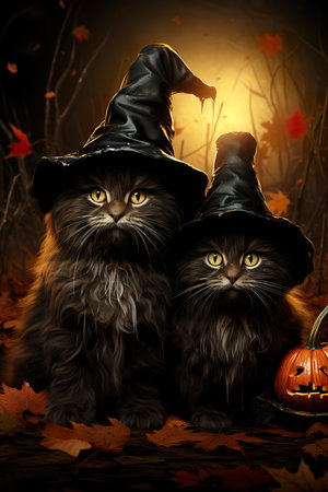 Two cats in witch halloween costume with pumpkins and leavesの素材