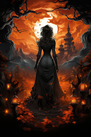 Halloween poster  with pumpkins and lit lanterns, in the style of dark and gritty cityscapes, 19th century, fantastical street ,AI illustration, digital, virtual, generativeの素材