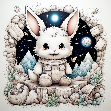 a cute Bunny  in the style of 2d game art, highly detailed illustrations, charming anime characters, multicolored landscapes, colorful compositions,AI illustration, digital, virtual, generativeの素材
