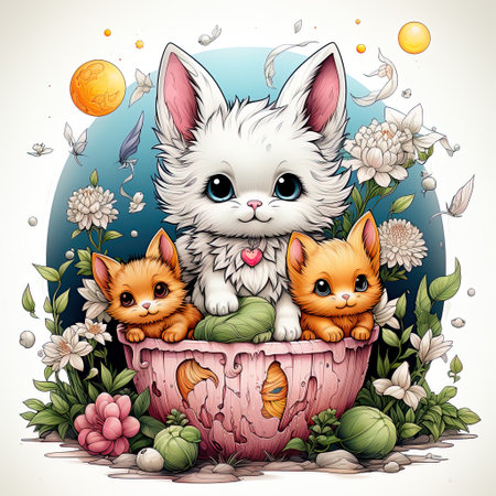 cute kittens with eggs, in the style of fantasy illustration, charming anime characters, multicolored landscapes, colorful compositions,AI illustration, digital, virtual, generativeの素材