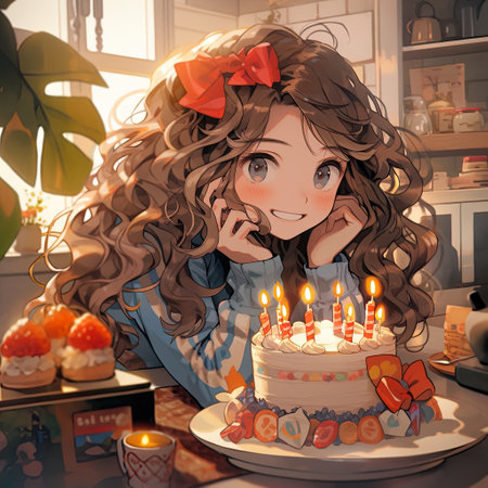 Anime girls are beautiful and Happy Burthday cake , cute, and full of cheer, capturing hearts with their charm and vibrant personalities ,AI illustration, digital, virtual, generativeの素材