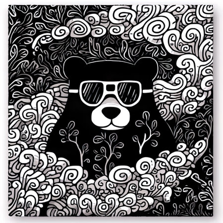 illustration is made of the cartoon bear wearing glasses, in the style of highly detailed foliage, black and white , AI illustration, digital, virtual, generativeの素材