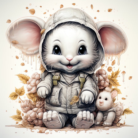 a little white rat with a backpack , in the style of dreamlike illustration, highly detailed environments, joyful and optimistic,  AI illustration, digital, virtual, generativeの素材
