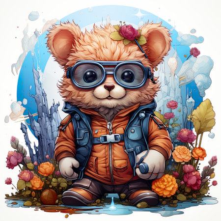 illustration is made of the cartoon bear wearing glasses, in the style of highly detailed foliage, intense color fields, highly realistic, colorful costumes, neonpunk, joyful celebration of nature , AI illustration, digital, virtual, generativeの素材