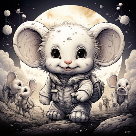 a little white rat with a backpack , in the style of dreamlike illustration, highly detailed environments, joyful and optimistic,  AI illustration, digital, virtual, generativeの素材